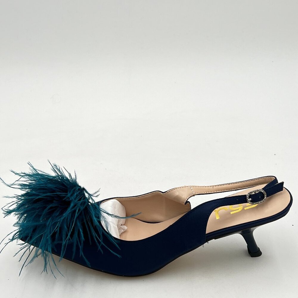 FSJ Navy Blue Slingback Heels with Teal Feather Pom